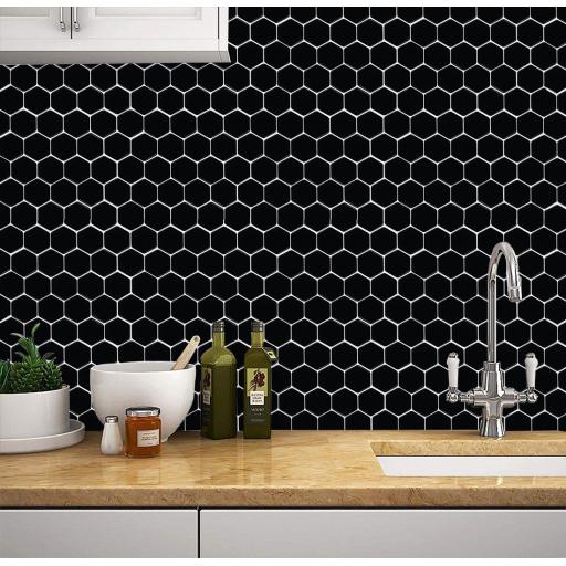 3D Vinyl Stick on Mosaic Tiles, Self Adhesive, Bathroom Kitchen Home Wall Black Hexagon