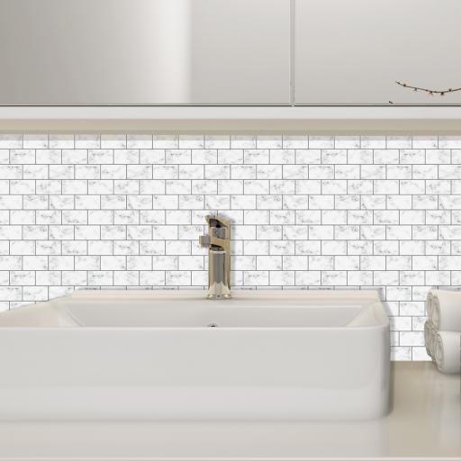 3D Vinyl Stick on Mosaic Tiles, Self Adhesive, Bathroom Kitchen Home Wall Marble Effect White Bricks