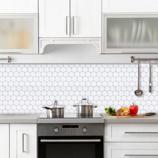 3D Vinyl Stick on Mosaic Tiles, Self Adhesive, Bathroom Kitchen Home Wall White Hexagon