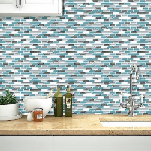 3D Vinyl Stick on Mosaic Tiles, Self Adhesive, Bathroom Kitchen Home Wall Turquoise Bricks