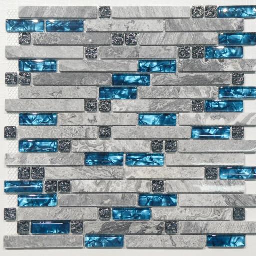 Mosaic Tiles Sheet Emerald Blue Glass & Grey Marble 30 x 30 cm