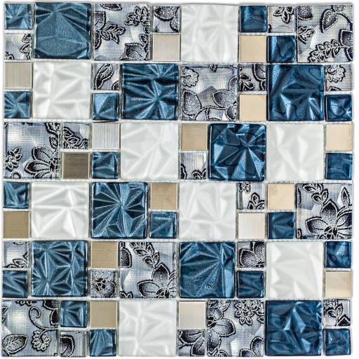 Mosaic Tiles Sheet Lithos Blue Glass And Steel 30cm x 30cm