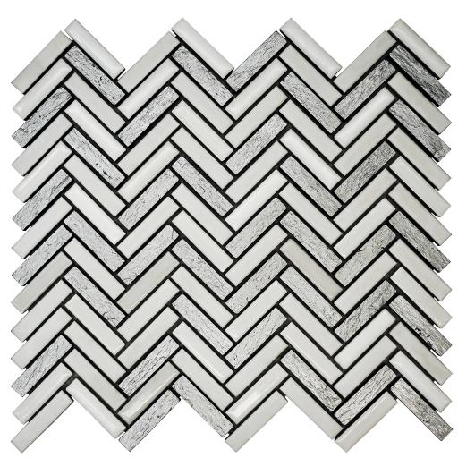 Mosaic Tiles Sheet White & Silver Herringbone 30cm X 30cm